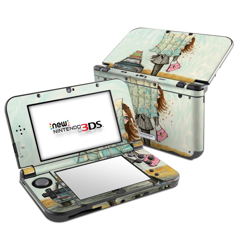 Nintendo 3DS LL Skin design of Fashion illustration, Sketch, Watercolor paint, Illustration, Drawing, Art, Footwear, Vehicle, Painting, Fashion design, with blue, black, gray, white, pink, brown, green, orange, yellow colors