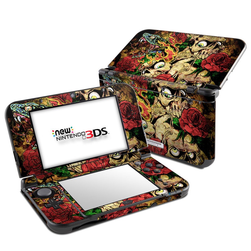 Nintendo 3DS LL Skin design of Illustration, Bouquet, Art, Skull, Plant, Rose, Flower, Graphic design, Fictional character, Floral design, with black, red, green, gray colors