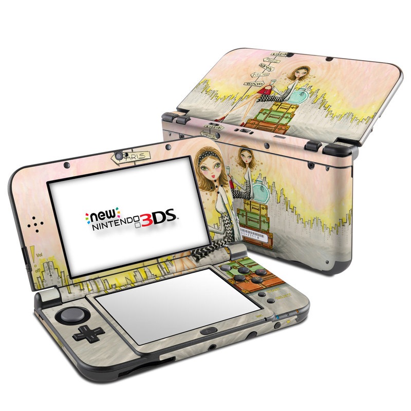 Nintendo 3DS LL Skin design of Cartoon, Illustration, Art, Watercolor paint, with gray, pink, green, red, black colors