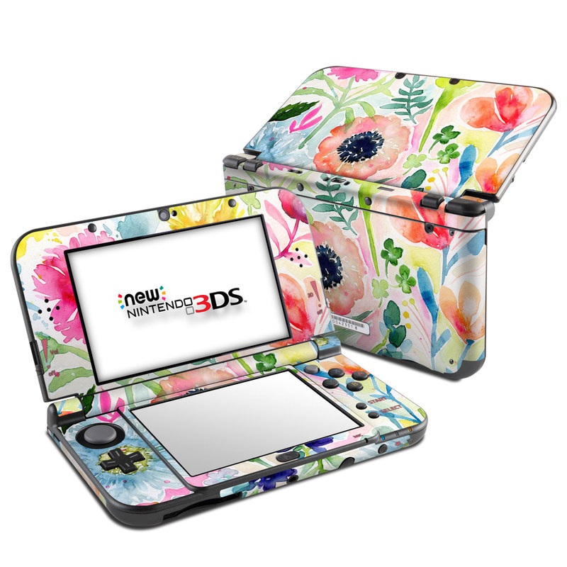 Nintendo 3DS LL Skin design of Flower, Watercolor paint, Plant, Flowering plant, Pattern, Floral design, Botany, Petal, Wildflower, Design, with green, pink, yellow, orange, blue, red, purple colors