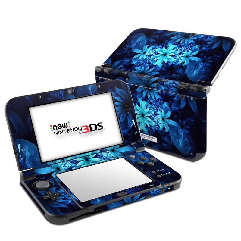 Nintendo 3DS LL Skin design of Nature, Blue, Petal, Organism, Darkness, Flower, Colorfulness, Electric Blue, Majorelle Blue, Pattern, Botany, Still Life Photography, Space, Aquatic Plant, Fractal Art, Visual Arts, Illustration, Symmetry, Midnight, Wildflower, Painting, Still Life, with black, blue, white colors