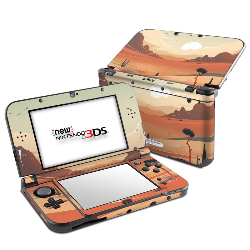 Nintendo 3DS LL Skin design of Sky, Bird, Ecoregion, Light, Nature, Cloud, Natural environment, Moon, Natural landscape, Biome, with orange, yellow, brown, green, white, black colors
