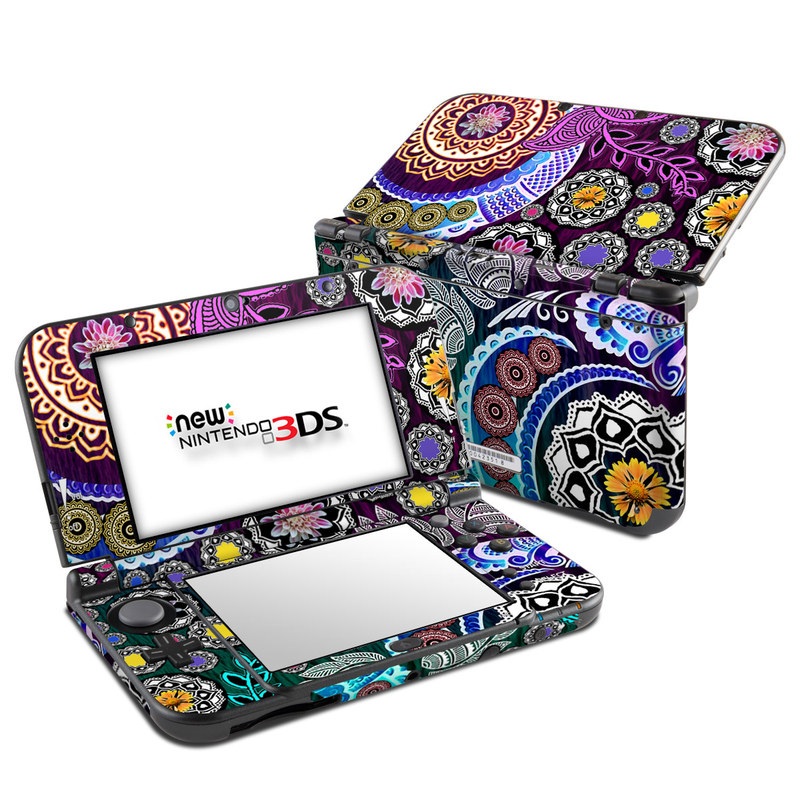 Nintendo 3DS LL Skin design of Pattern, Psychedelic art, Art, Visual arts, Design, Floral design, Textile, Motif, Circle, Illustration, with black, gray, purple, blue, green, red colors
