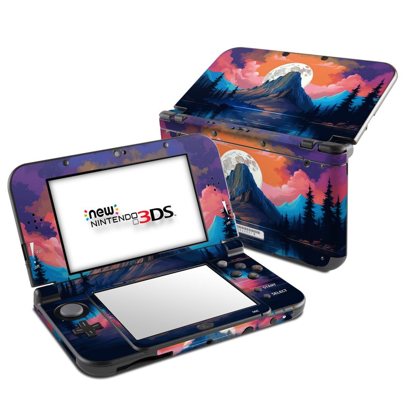 Nintendo 3DS LL Skin design of Water, Sky, Cloud, Daytime, World, Mountain, Natural Landscape, Azure, Paint, Plant, Tree, with black, blue, red, yellow, orange, pink, purple colors