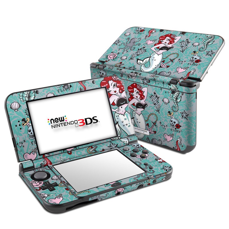 Nintendo 3DS LL Skin design of Mermaid, Illustration, Fictional character, Organism, Art, Pattern, Style, with gray, blue, black, red, white, pink colors