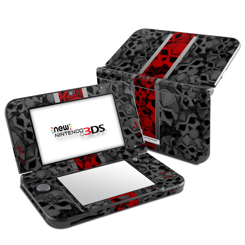 Nintendo 3DS LL Skin design of Font, Text, Pattern, Design, Graphic design, Black-and-white, Monochrome, Graphics, Illustration, Art, with black, red, gray colors