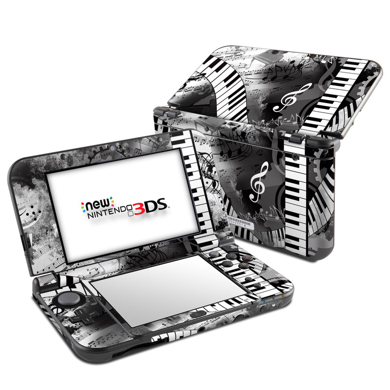 Nintendo 3DS LL Skin design of Music, Monochrome, Black-and-white, Illustration, Graphic design, Musical instrument, Technology, Musical keyboard, Piano, Electronic instrument, with black, gray, white colors