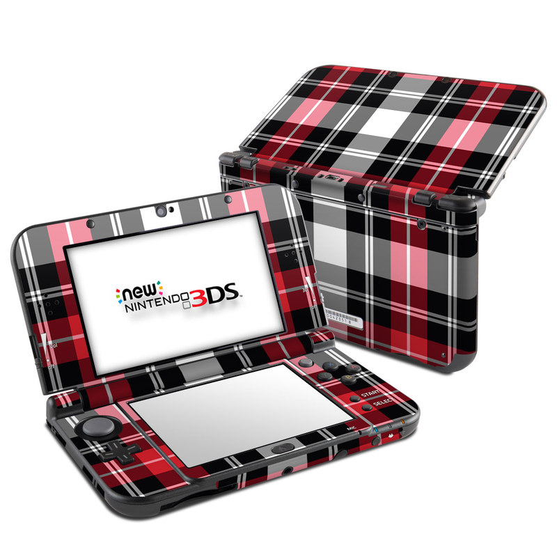 Nintendo 3DS LL Skin design of Plaid, Tartan, Pattern, Red, Textile, Design, Line, Pink, Magenta, Square, with black, gray, pink, red, white colors
