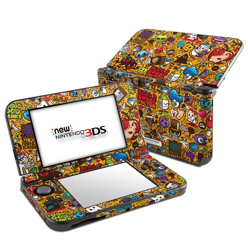 Nintendo 3DS LL Skin design of Pattern, Psychedelic art, Visual arts, Art, Design, Illustration, Graphic design, Doodle, with black, green, red, gray, orange, blue colors