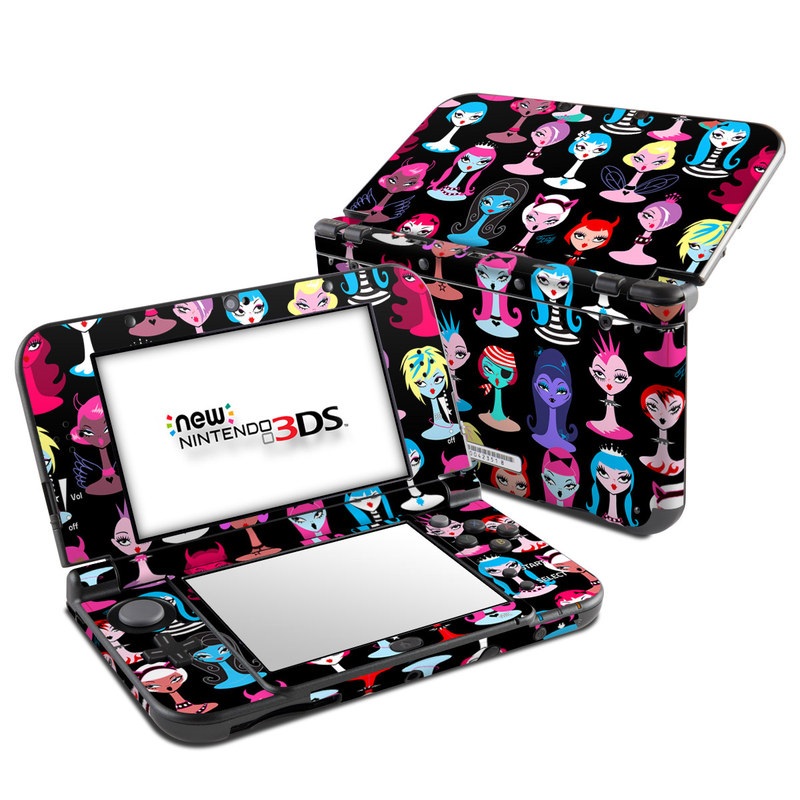 Nintendo 3DS LL Skin design of Facial expression, Product, Font, Pink, Red, Magenta, Material property, Pattern, Fictional character, Illustration, with black, pink, blue, brown, red, green, white, yellow colors