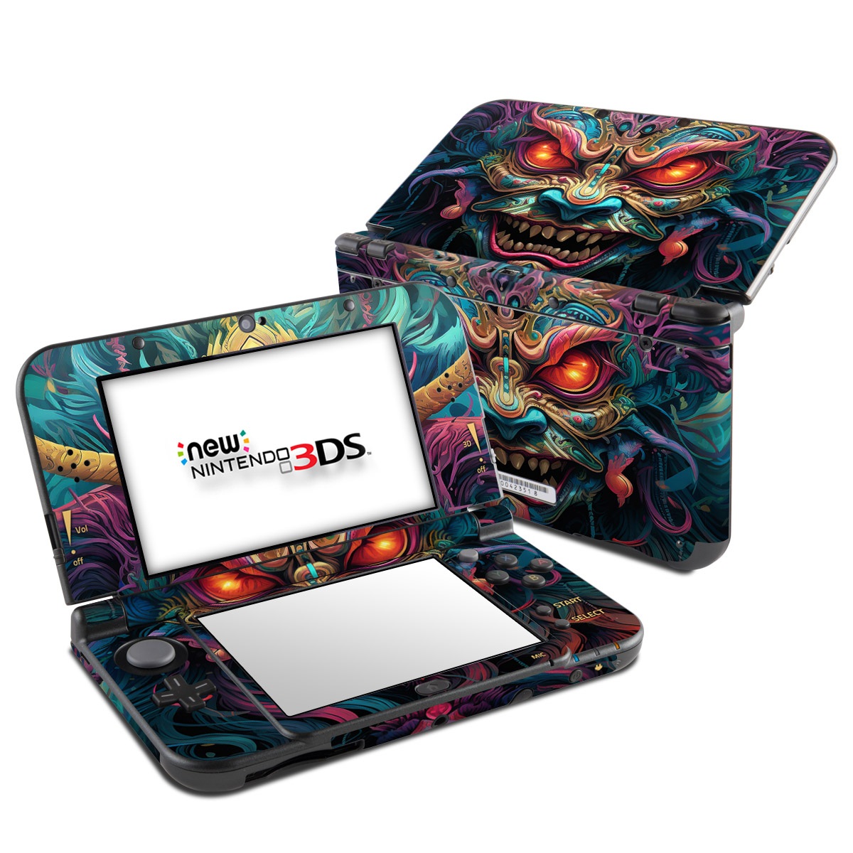 Nintendo 3DS LL Skin design of Head, Eye, Human body, Art, Painting, Symmetry, Pattern, Paint, Magenta, Visual arts, with green, blue, yellow, orange, red, white, purple, black, gray colors