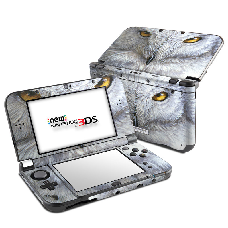 Nintendo 3DS LL Skin design of Owl, Bird, Bird of prey, Snowy owl, great grey owl, Close-up, Eye, Snout, Wildlife, Eastern Screech owl, with gray, white, black, blue, purple colors