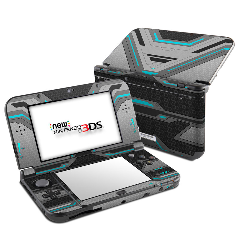Nintendo 3DS LL Skin design of Blue, Turquoise, Pattern, Teal, Symmetry, Design, Line, Automotive design, Font with black, gray, blue colors