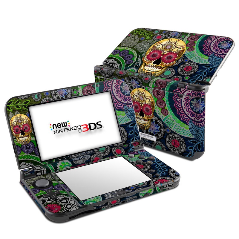 Nintendo 3DS LL Skin design of Skull, Bone, Pattern, Psychedelic art, Visual arts, Design, Illustration, Art, Textile, Plant, with black, red, gray, green, blue colors