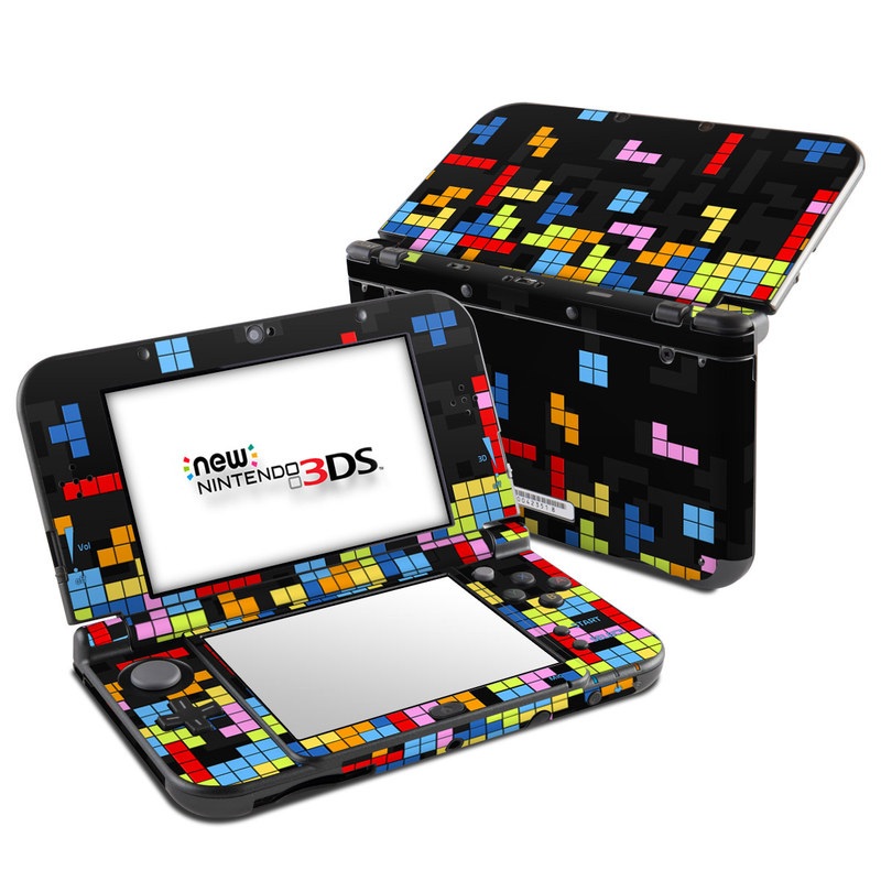 Nintendo 3DS LL Skin design of Pattern, Symmetry, Font, Design, Graphic design, Line, Colorfulness, Magenta, Square, Graphics, with black, green, blue, orange, red colors