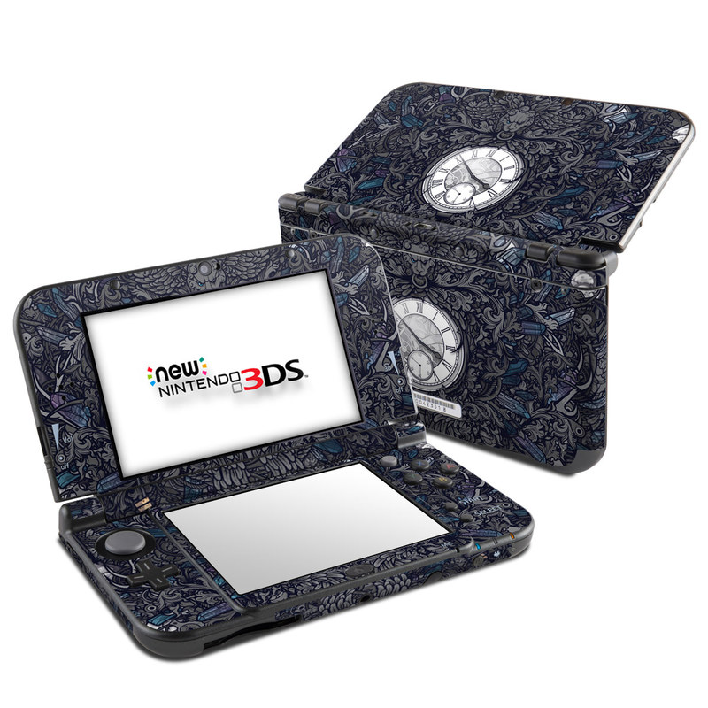 Nintendo 3DS LL Skin design of Blue, Pattern, Psychedelic art, Design, Circle, Art, Font, Graphic design, Visual arts, Illustration, with black, gray colors