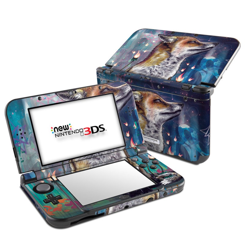 Nintendo 3DS LL Skin design of Red fox, Art, Wildlife, Canidae, Illustration, Fox, Carnivore, Painting, Dhole, Red wolf, with black, gray, blue, red, green colors