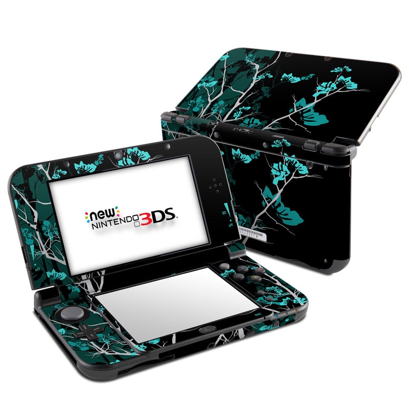 Nintendo 3DS LL Skin design of Branch, Black, Blue, Green, Turquoise, Teal, Tree, Plant, Graphic design, Twig, with black, blue, gray colors