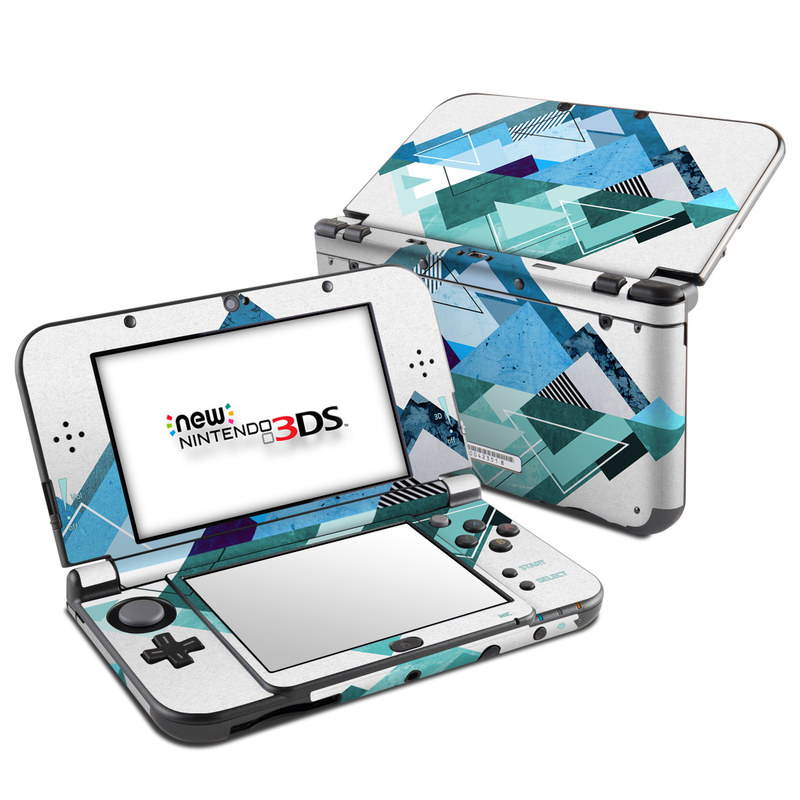 Nintendo 3DS LL Skin design of Blue, Turquoise, Illustration, Graphic design, Design, Line, Logo, Triangle, Graphics, with gray, blue, purple colors