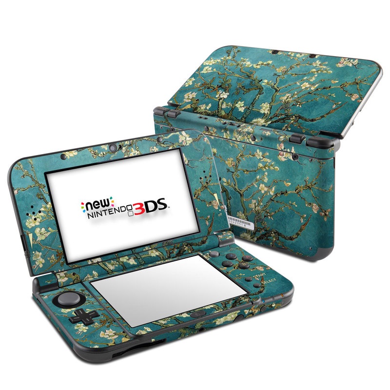 Nintendo 3DS LL Skin design of Tree, Branch, Plant, Flower, Blossom, Spring, Woody plant, Perennial plant, with blue, black, gray, green colors