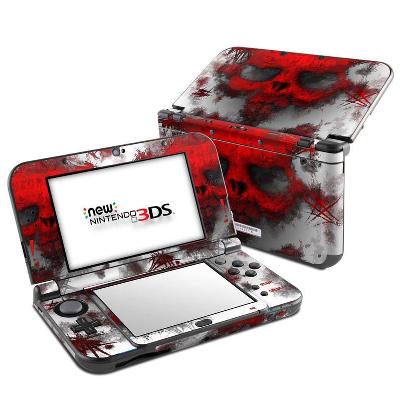 Nintendo 3DS LL Skin design of Red, Graphic design, Skull, Illustration, Bone, Graphics, Art, Fictional character, with red, gray, black, white colors