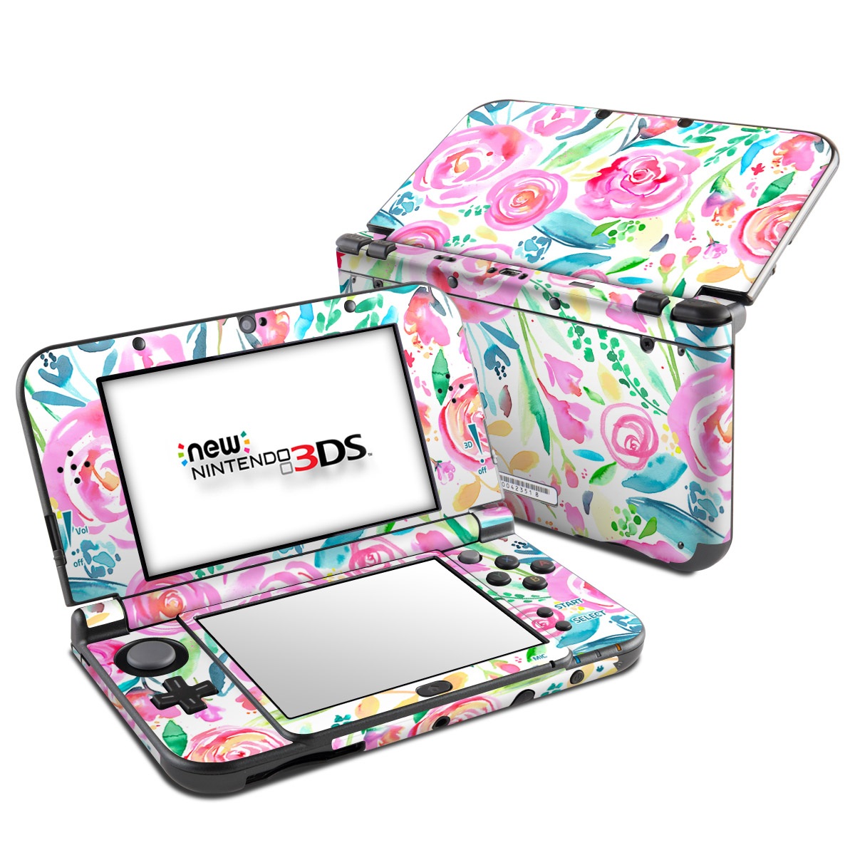 Nintendo 3DS LL Skin design of Flower, Plant, Petal, Pink, Art, Material property, Magenta, Flowering plant, Pattern, Rose family, with white, pink, green, blue, yellow colors