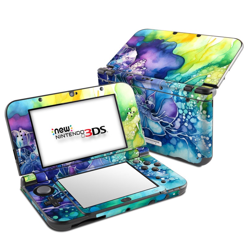 Nintendo 3DS LL Skin design of Flower, Plant, Art paint, Petal, Blue, Azure, Purple, Art, Paint, Painting, with blue, yellow, green, purple, white, orange colors