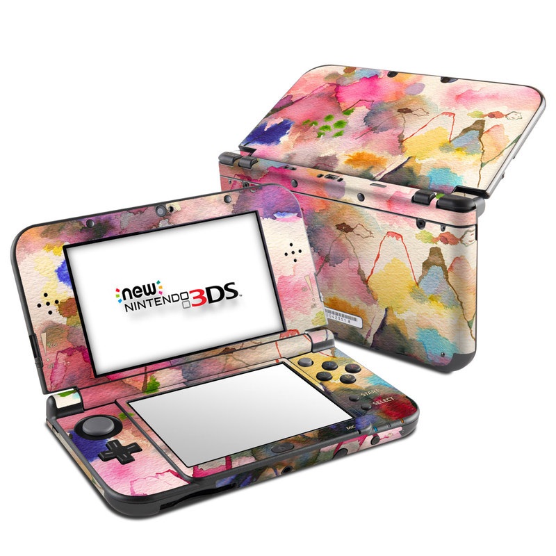 Nintendo 3DS LL Skin design of Watercolor paint, Flower, Textile, Painting, Art, Plant, Pattern, Visual arts, Floral design, Paint, with white, pink, red, yellow, green, blue, black, orange colors