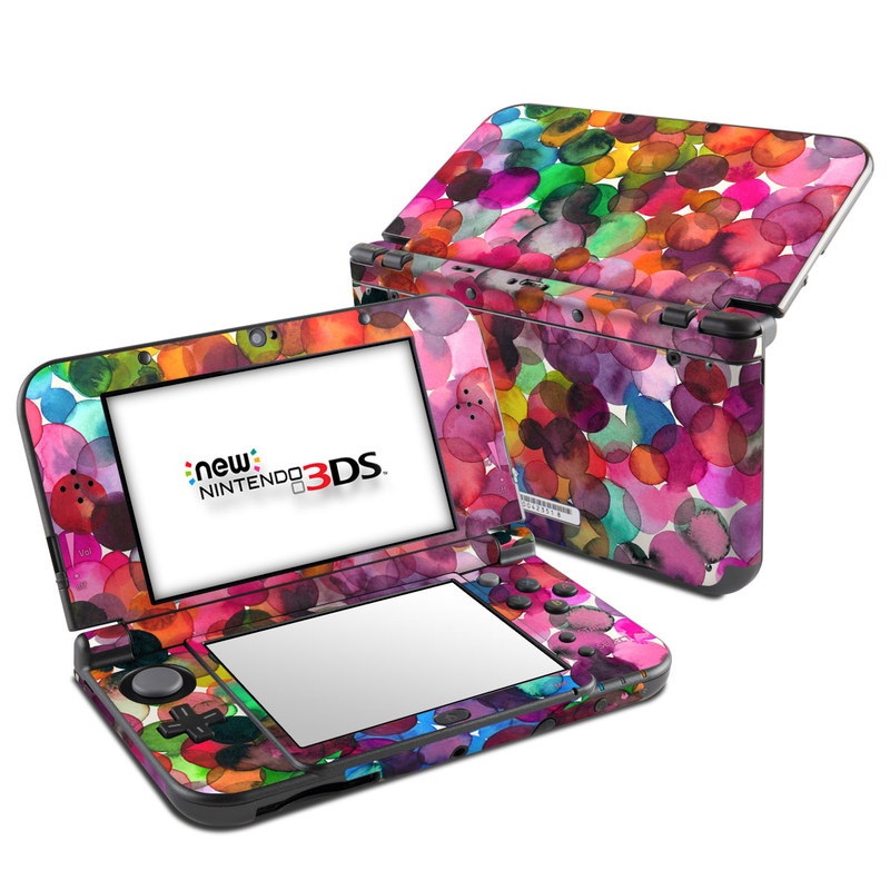 Nintendo 3DS LL Skin design of Colorfulness, Fashion accessory, with red, white, pink, purple, blue, green, black, yellow, orange colors