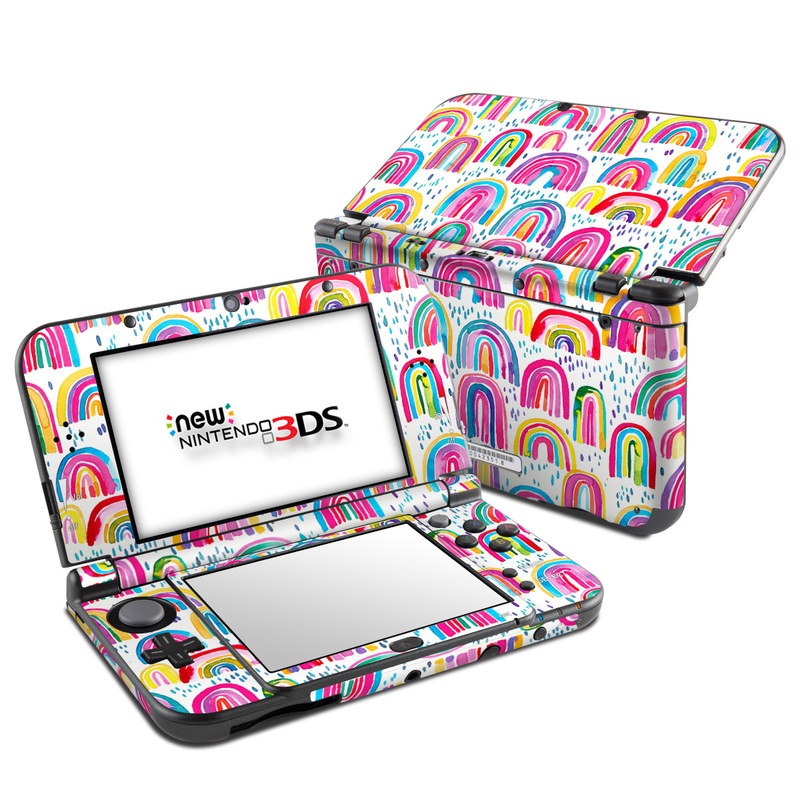 Nintendo 3DS LL Skin design of Line, Pattern, Design, with white, orange, yellow, blue, pink, red, green colors