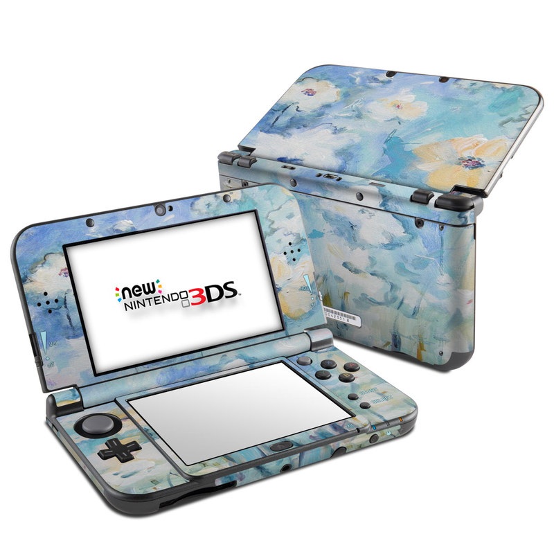 Nintendo 3DS LL Skin design of Blue, Watercolor paint, Painting, Flower, Plant, Art, Acrylic paint, Wildflower, Visual arts, Floral design, with gray, blue colors