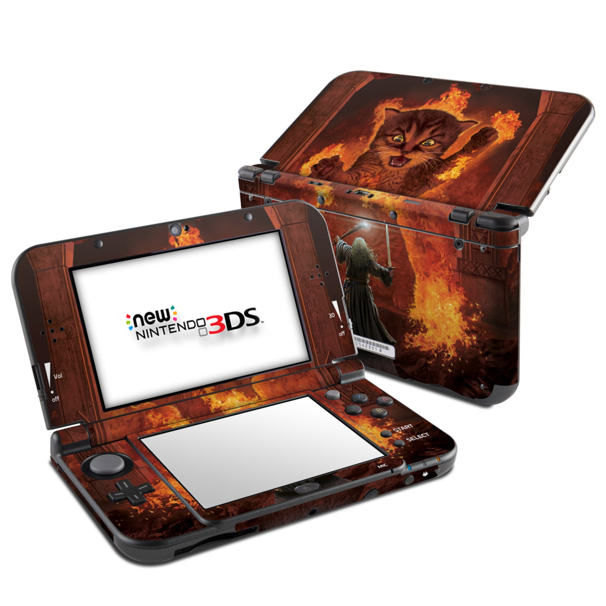 Nintendo 3DS LL Skin design of Cartoon, Art, Carnivore, Cg artwork, Felidae, Supernatural creature, Big cats, Heat, Fictional character, Darkness, with black, red, white, gray, yellow colors