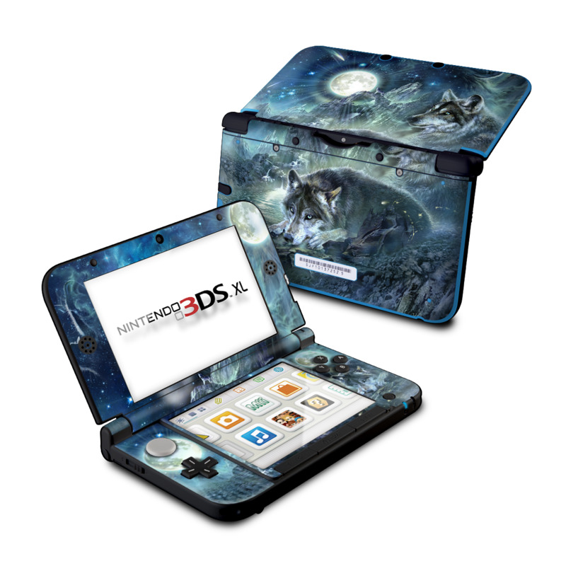 Nintendo 3DS XL Original Skin design of Cg artwork, Fictional character, Darkness, Werewolf, Illustration, Wolf, Mythical creature, Graphic design, Dragon, Mythology, with black, blue, gray, white colors