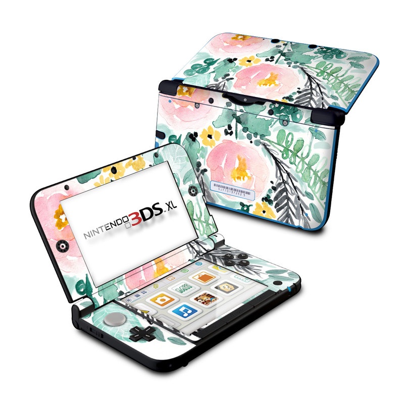Nintendo 3DS XL Original Skin design of Branch, Clip art, Watercolor paint, Flower, Leaf, Botany, Plant, Illustration, Design, Graphics with green, pink, red, orange, yellow colors