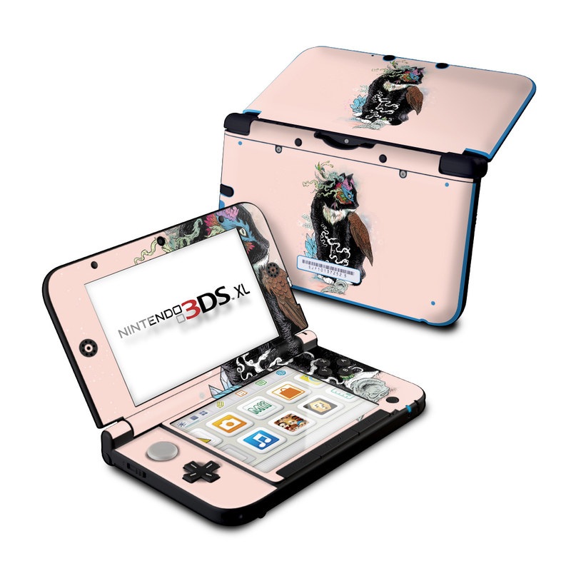 Nintendo 3DS XL Original Skin design of Illustration, Owl, Art, Graphic design, Cat, Tail with pink, black, brown, red, green colors