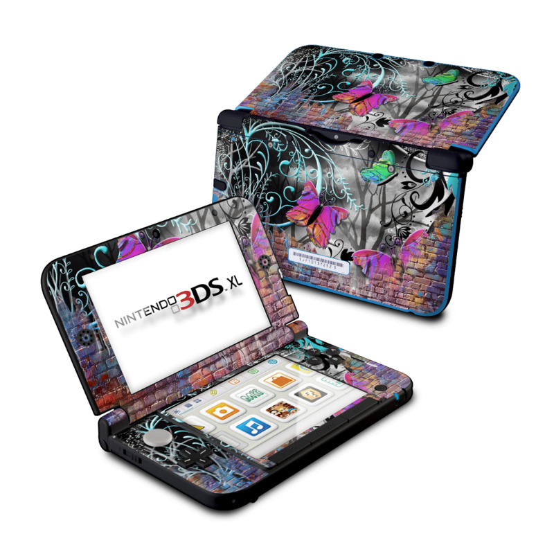 Nintendo 3DS XL Original Skin design of Purple, Graphic design, Art, Pattern, Graffiti, Organism, Street art, Wall, Font, Illustration with red, black, gray, purple, orange, blue, green colors