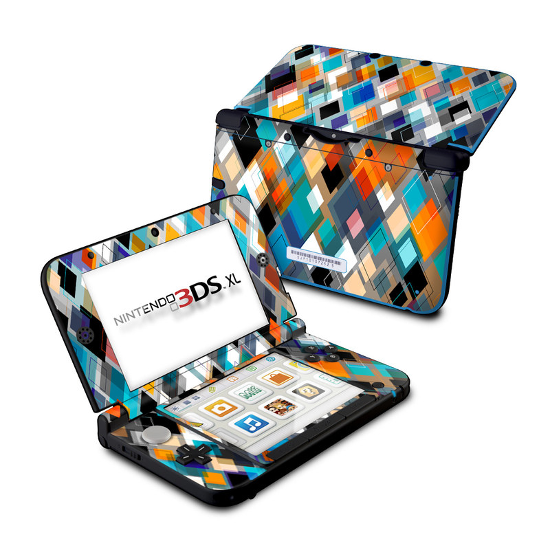 Nintendo 3DS XL Original Skin design of Pattern, Line, Design, Colorfulness, Plaid, Tints and shades, Textile, Symmetry, Square with black, blue, red, orange, white colors