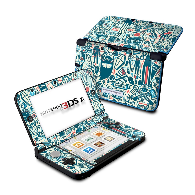 Nintendo 3DS XL Original Skin design of Pattern, Psychedelic art, Turquoise, Art, Design, Visual arts, Line, Drawing, Doodle, Graphic design with white, green, blue, red colors