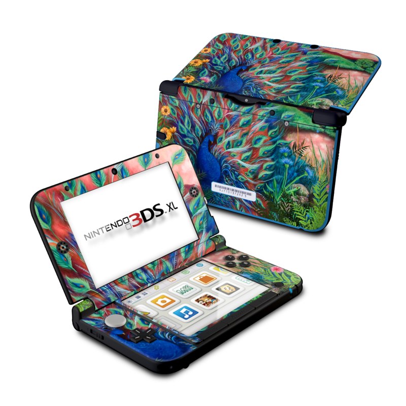 Nintendo 3DS XL Original Skin design of Painting, Acrylic paint, Bird, Child art, Art, Galliformes, Peafowl, Visual arts, Watercolor paint, Plant with black, red, gray, blue, green colors