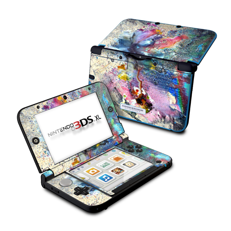 Nintendo 3DS XL Original Skin design of Watercolor paint, Painting, Acrylic paint, Art, Modern art, Paint, Visual arts, Space, Colorfulness, Illustration with gray, black, blue, red, pink colors