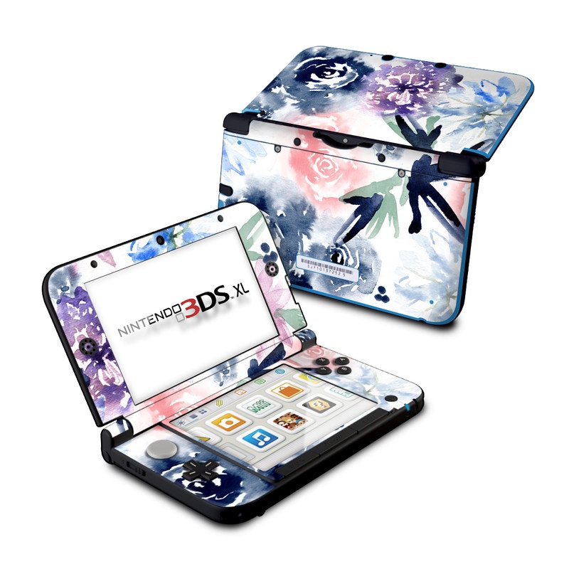 Nintendo 3DS XL Original Skin design of Pattern, Graphic design, Design, Floral design, Plant, Flower, Illustration with white, blue, purple, green, pink colors