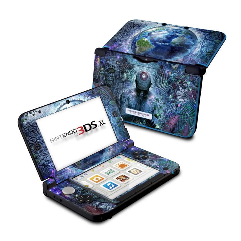 Nintendo 3DS XL Original Skin design of Psychedelic art, Fractal art, Art, Space, Organism, Earth, Sphere, Graphic design, Circle, Graphics with blue, green, gray, purple, pink, black, white colors