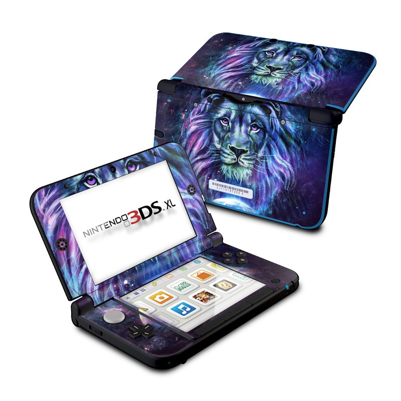 Nintendo 3DS XL Original Skin design of Lion, Felidae, Purple, Wildlife, Big cats, Illustration, Darkness, Space, Painting, Art, with purple, blue, green, black, white, red colors