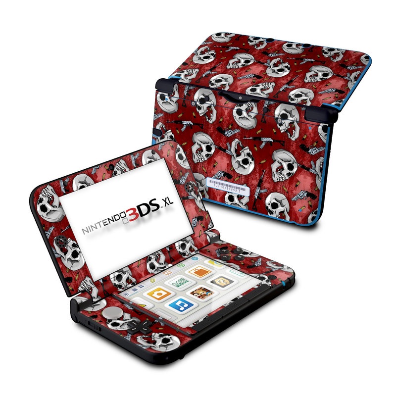 Nintendo 3DS XL Original Skin design of Skull, Red, Bone, Personal protective equipment, Skeleton, Mask, Font, Sports gear, Headgear, Pattern, with black, red, gray colors
