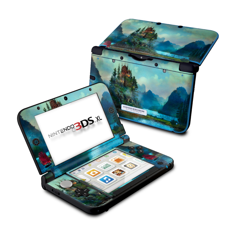 Nintendo 3DS XL Original Skin design of Nature, Natural landscape, Sky, Painting, Landscape, Illustration, Watercolor paint, Art, Calm, Water castle, with black, gray, blue, green colors