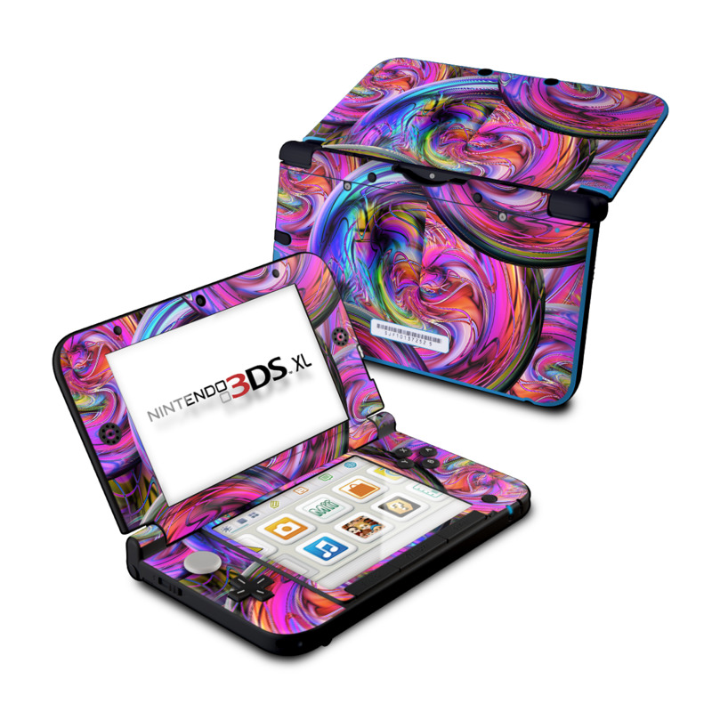 Nintendo 3DS XL Original Skin design of Pattern, Psychedelic art, Purple, Art, Fractal art, Design, Graphic design, Colorfulness, Textile, Visual arts with purple, black, red, gray, blue, green colors