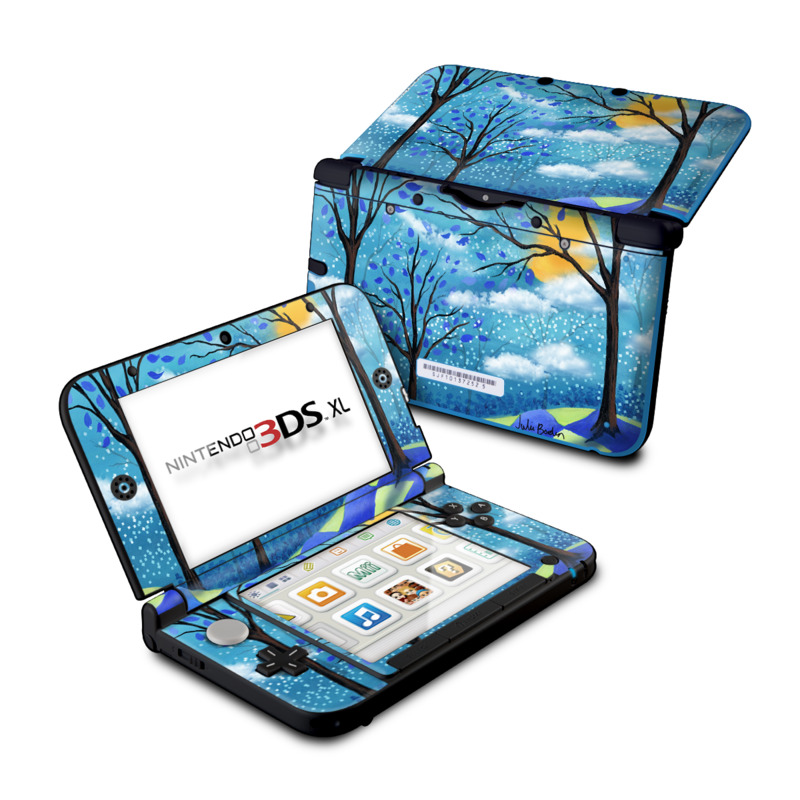 Nintendo 3DS XL Original Skin design of Natural landscape, Nature, Blue, Tree, Sky, Branch, Spring, Woody plant, Plant, Leaf with blue, gray, black, purple, green colors