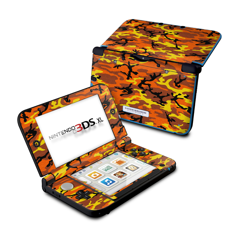 Nintendo 3DS XL Original Skin design of Military camouflage, Orange, Pattern, Camouflage, Yellow, Brown, Uniform, Design, Tree, Wildlife with red, green, black colors
