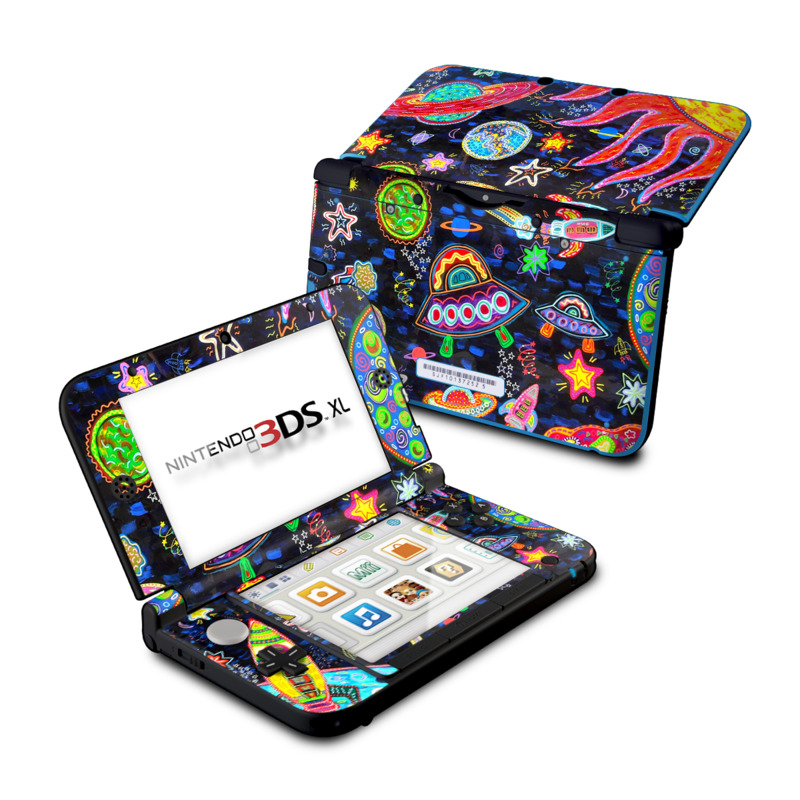 Nintendo 3DS XL Original Skin design of Pattern, Psychedelic art, Visual arts, Paisley, Design, Motif, Art, Textile, with black, gray, blue, red colors