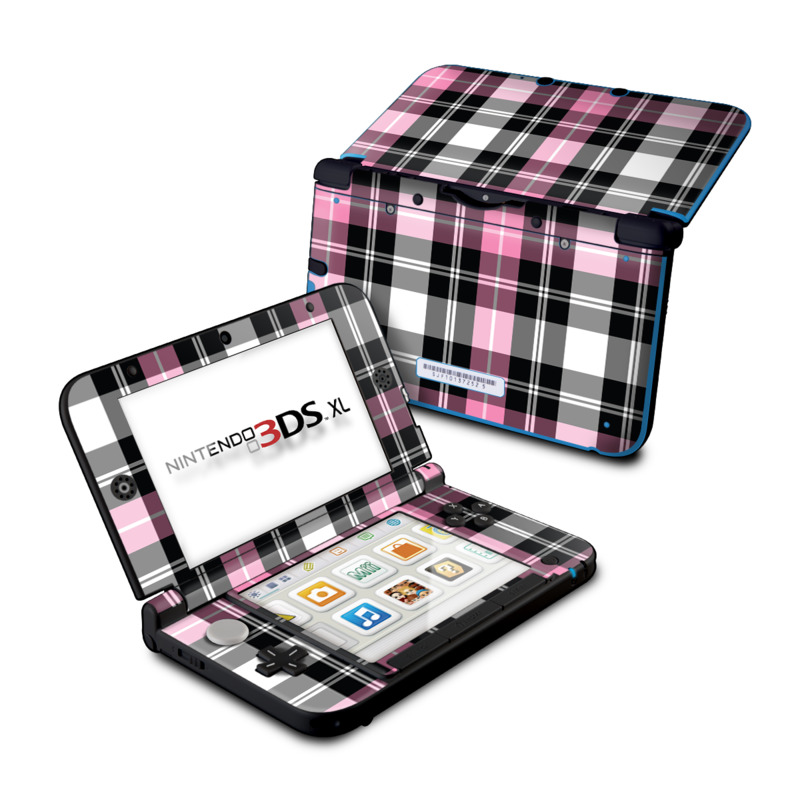 Nintendo 3DS XL Original Skin design of Plaid, Tartan, Pattern, Pink, Purple, Violet, Line, Textile, Magenta, Design with black, gray, pink, red, white, purple colors